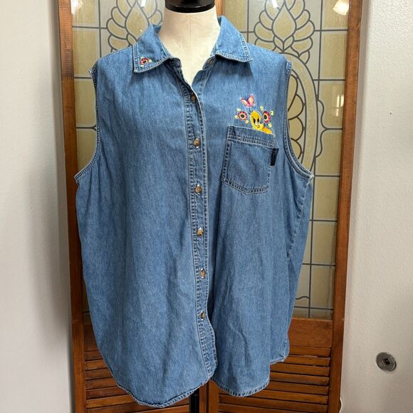 Looney Tunes Vintage Y2K Tweety Bird Sleeveless Denim Button Up Woman's Size 24W - Picture 1 of 9